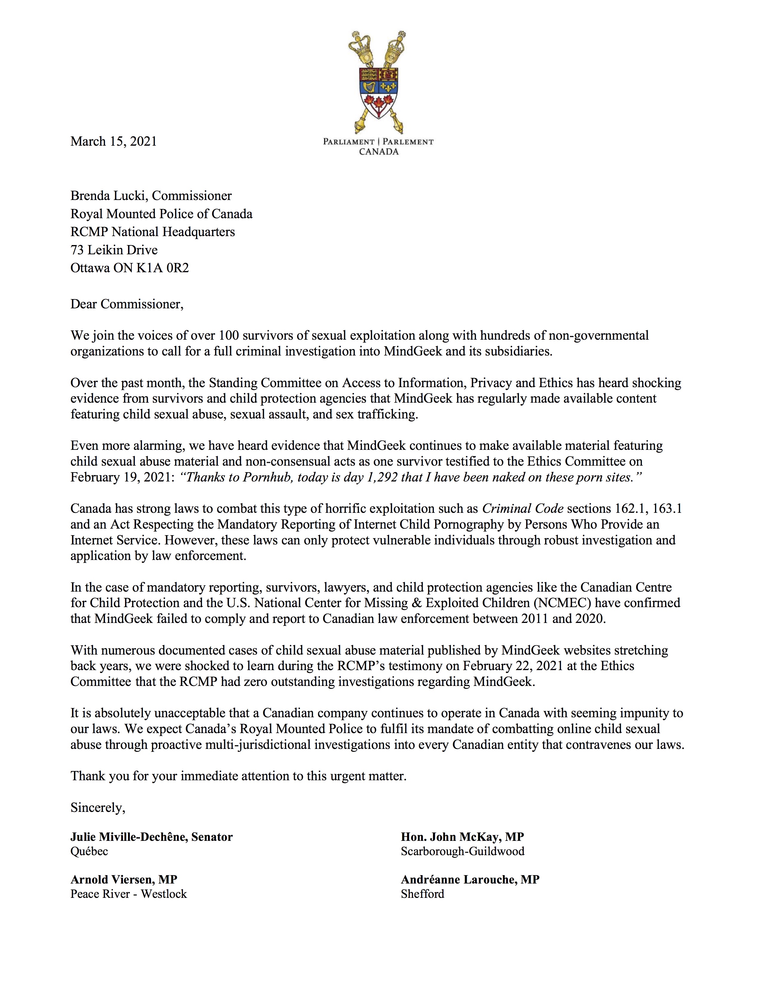 Letter to the RCMP Commissioner - English Page 1