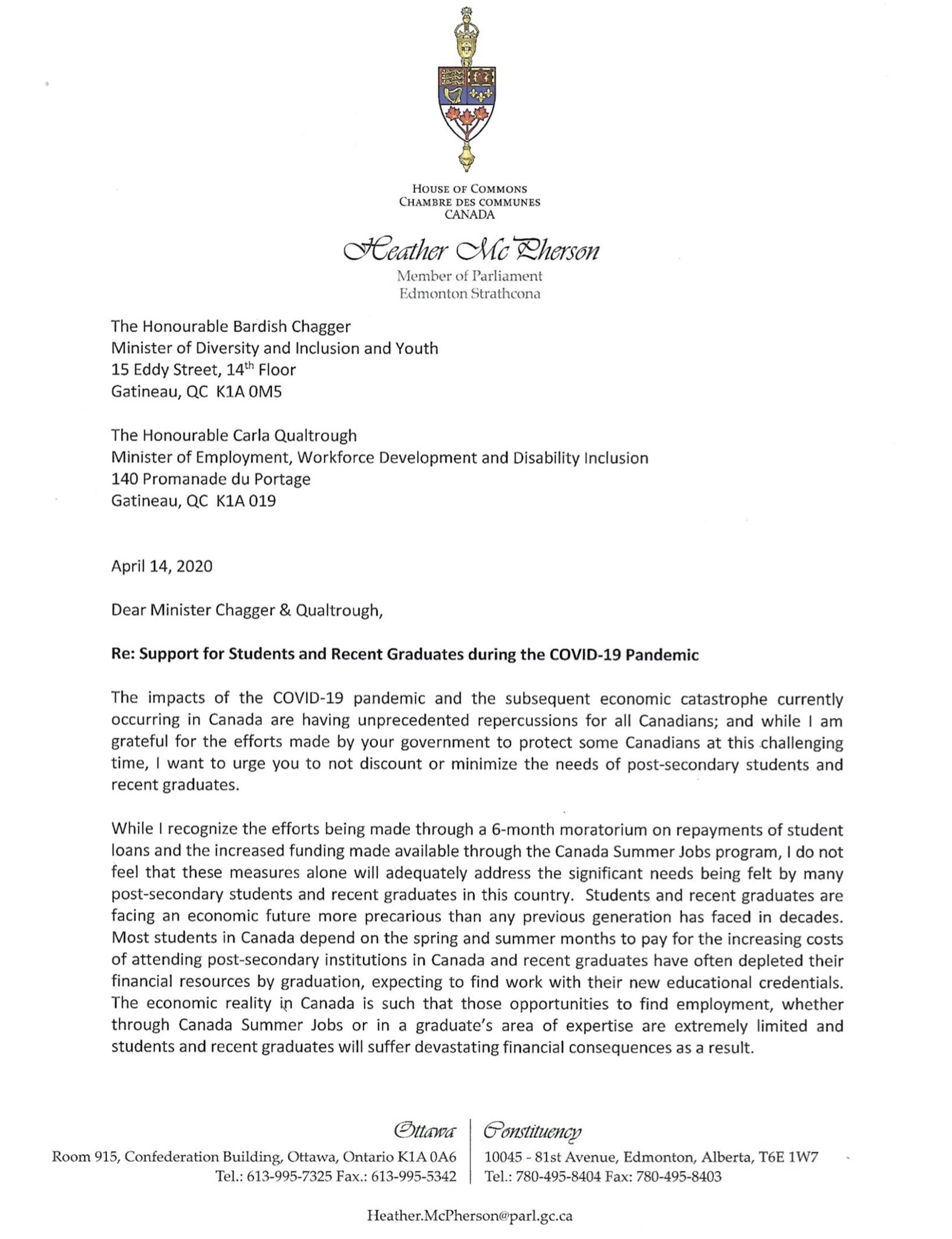 Letter to Ministers Chagger & Qualtrough Page 1