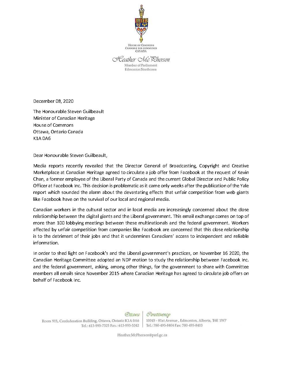 Letter to Minister Guilbeault Page 1