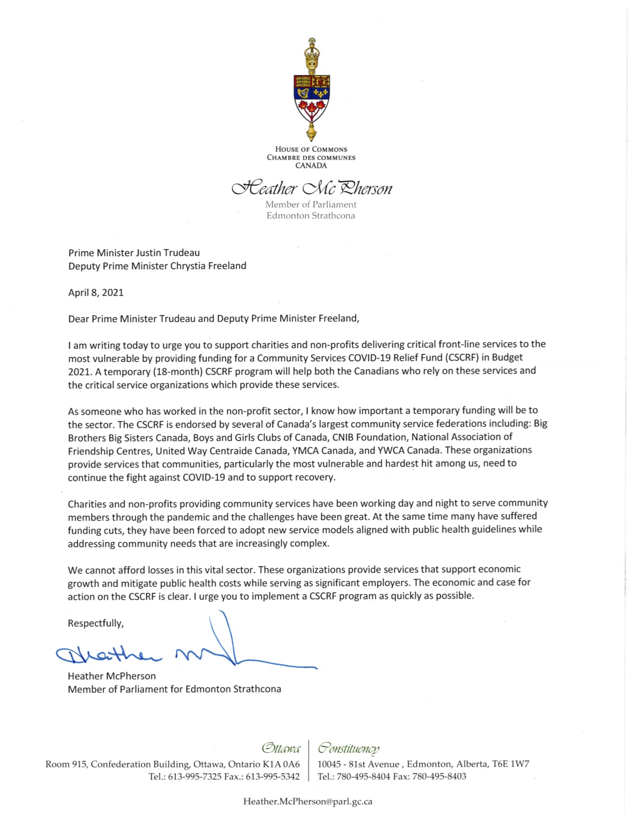 Letter Regarding the need for a Community Services COVID-19 Relief Fund