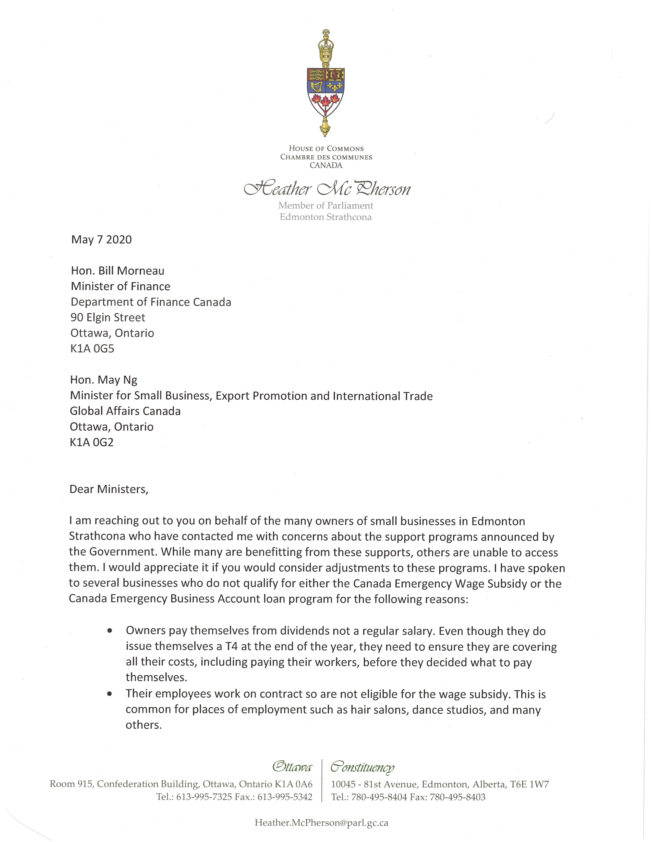 Letter to Ministers Morneau & Ng Page 1