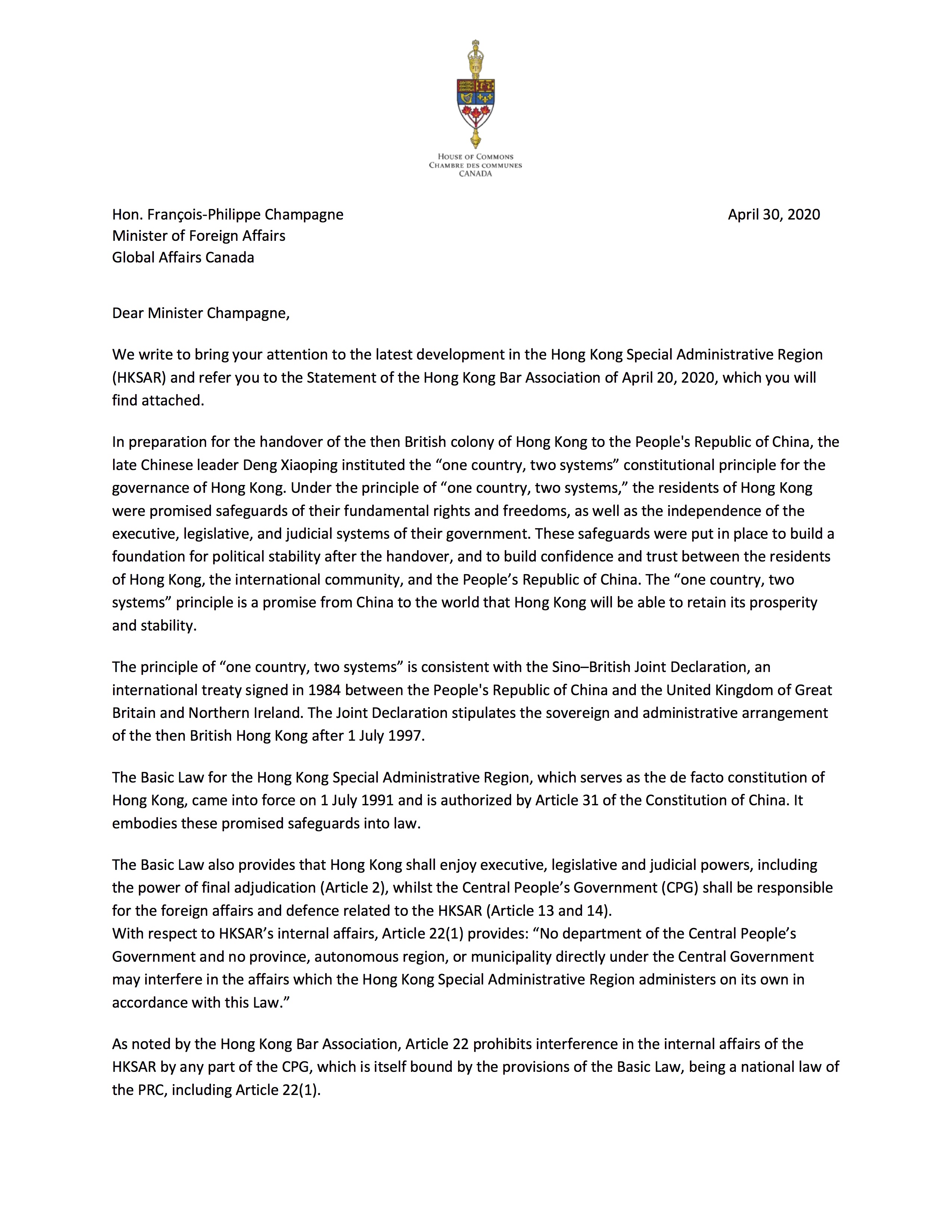 Letter to Minister Champagne Page 1