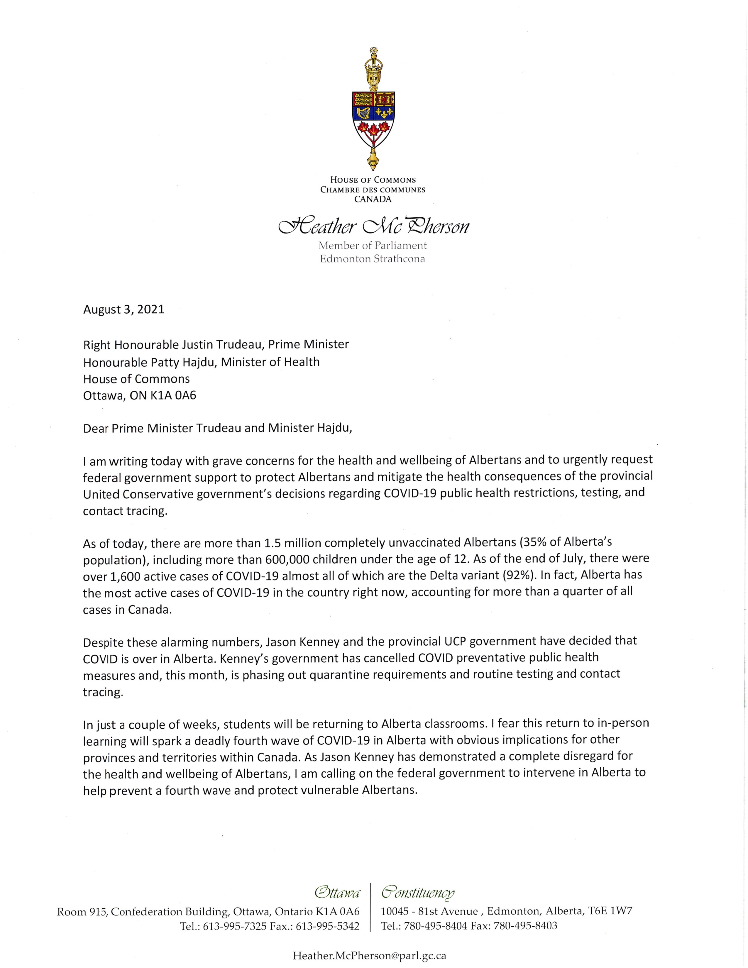 Heather Mcpherson S Letter To Prime Minister Trudeau And Health Minister Hajdu Canada S Ndp