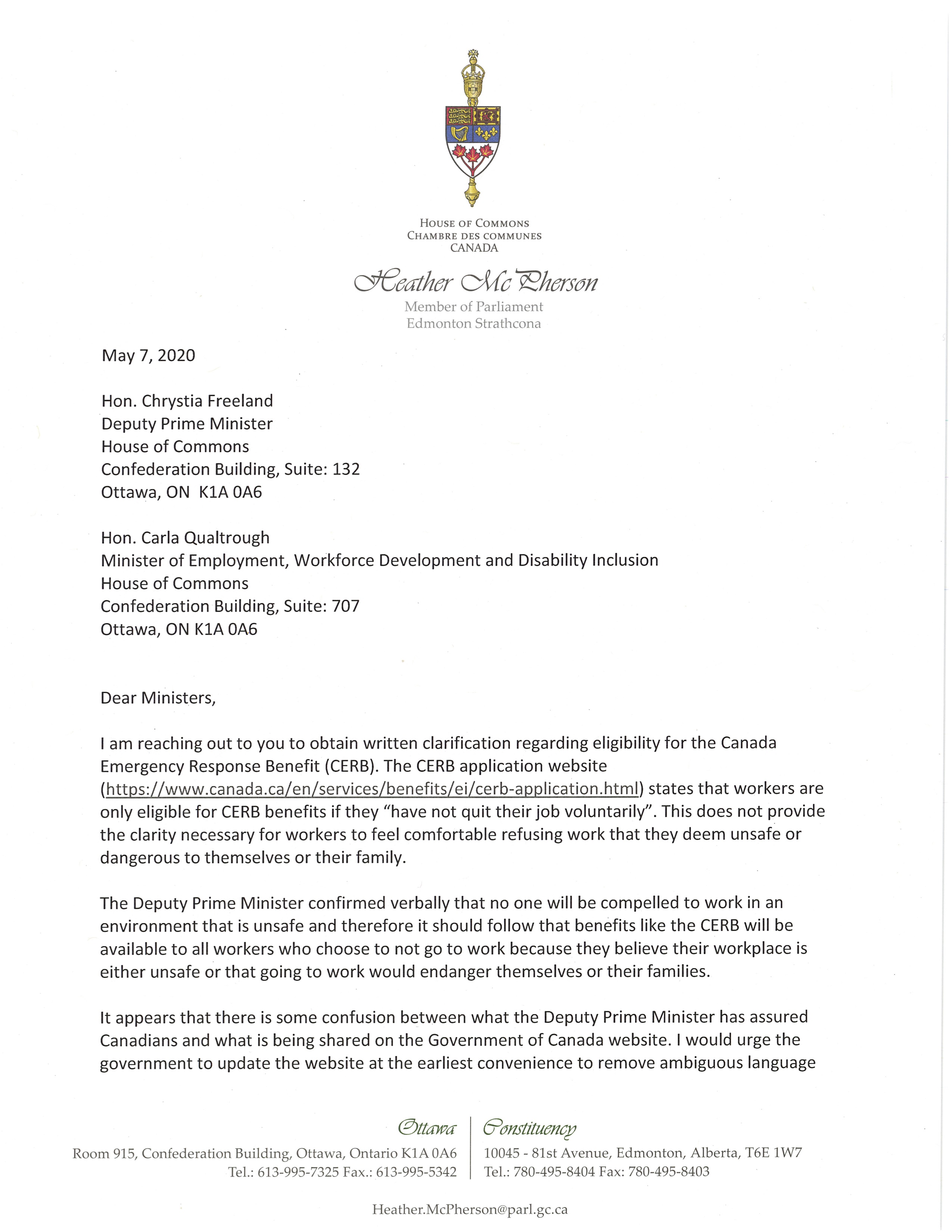 Letter to Ministers Freeland and Qualtrough Page 1