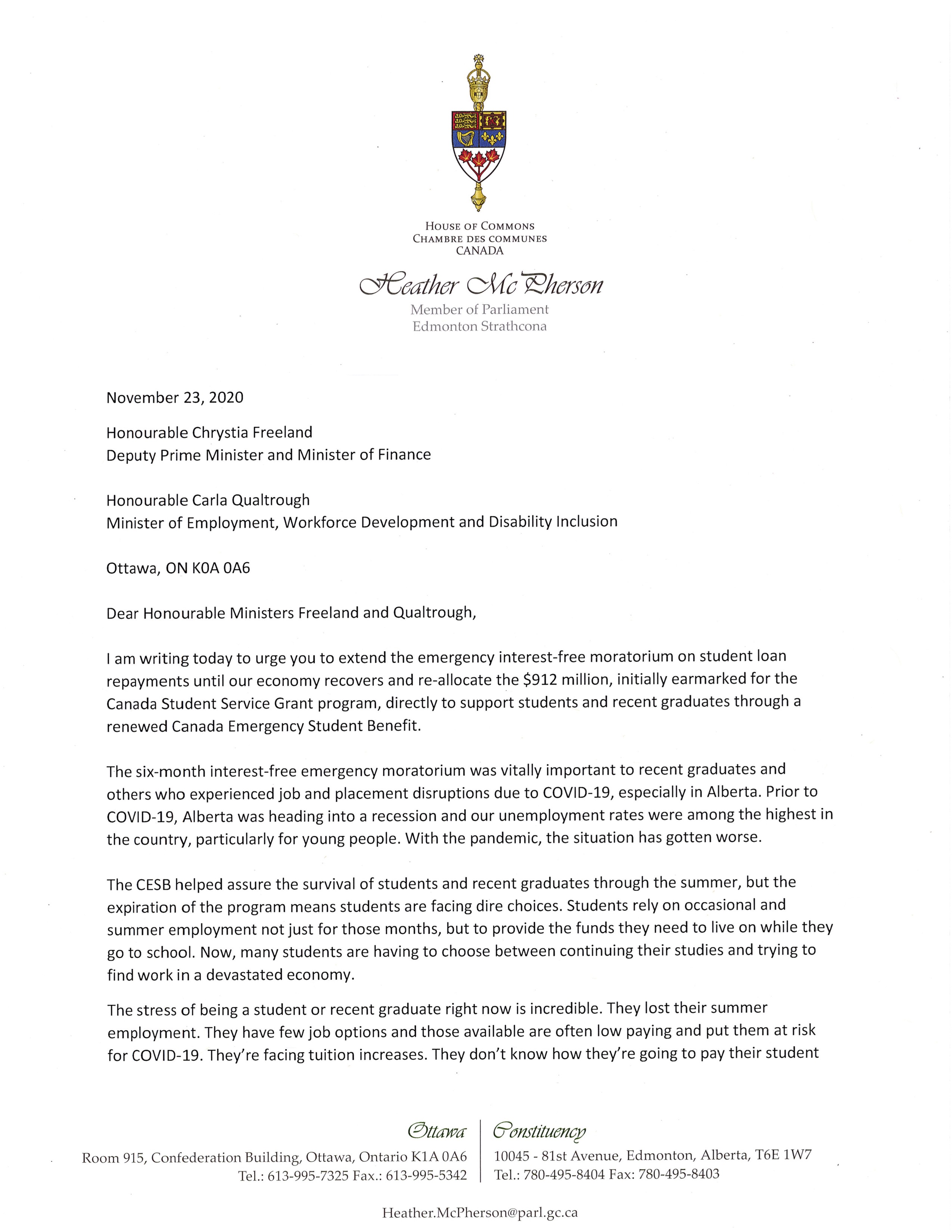 Letter to Ministers Freeland and Qualtrough Page 1