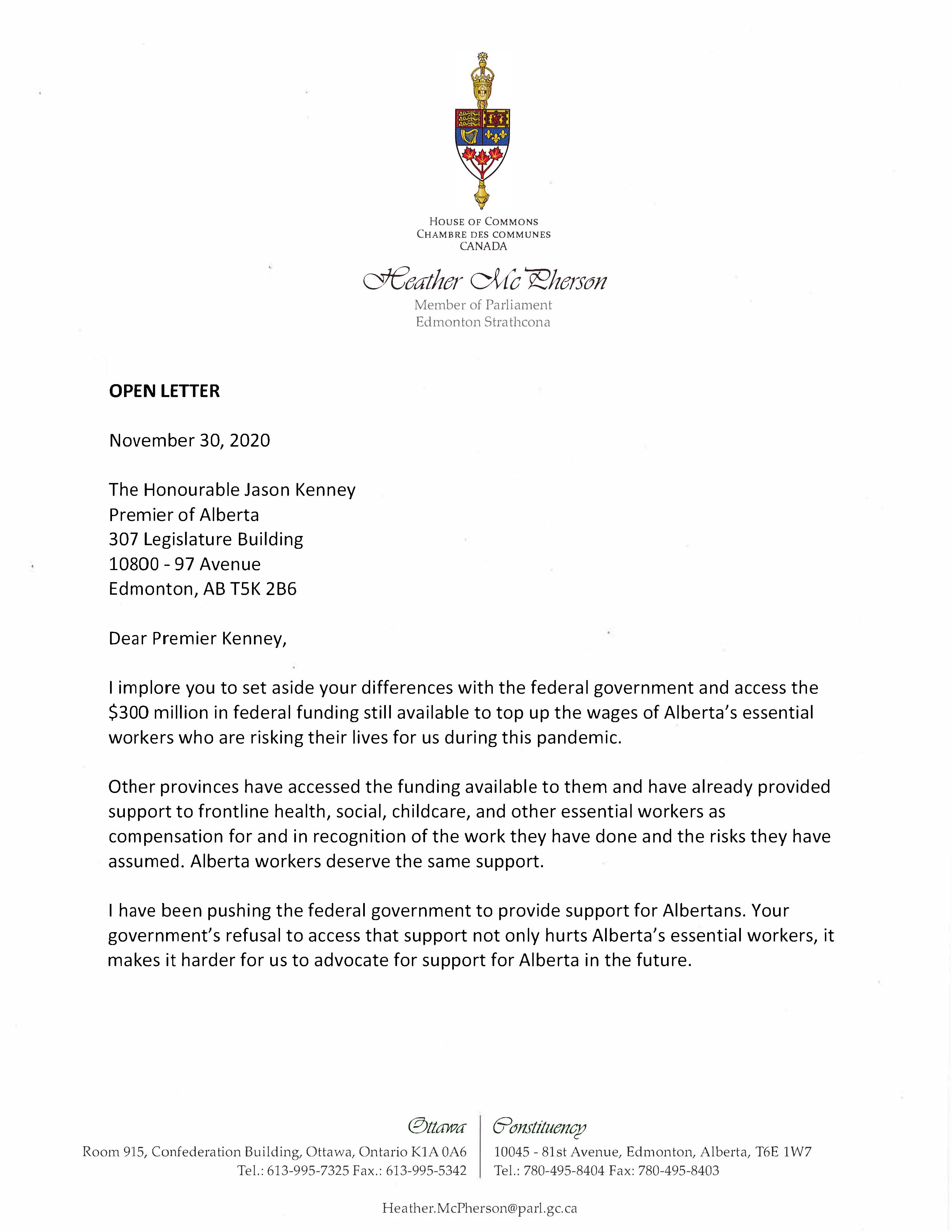 Letter to Premier Kenney Page 1