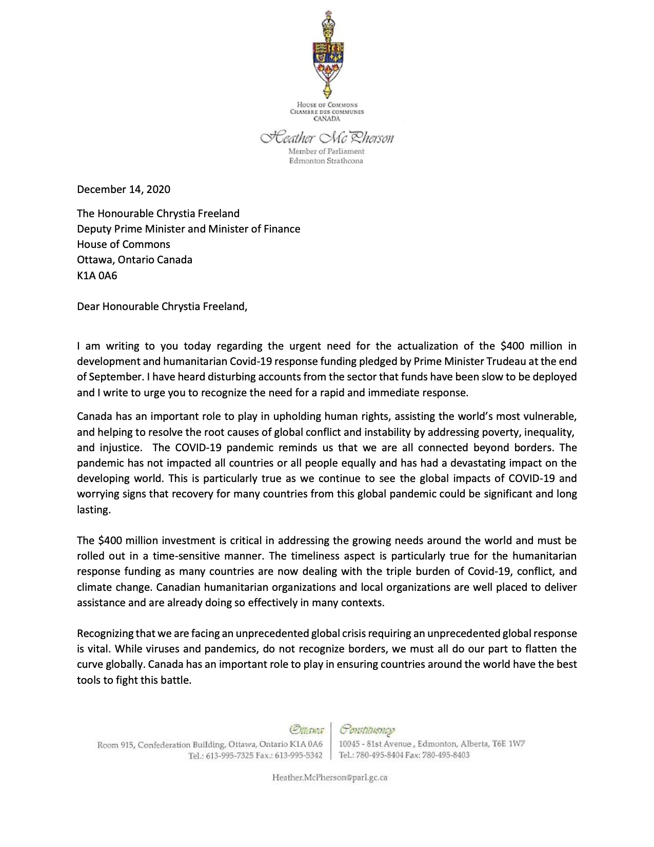 Letter to Minister Freeland, page 1