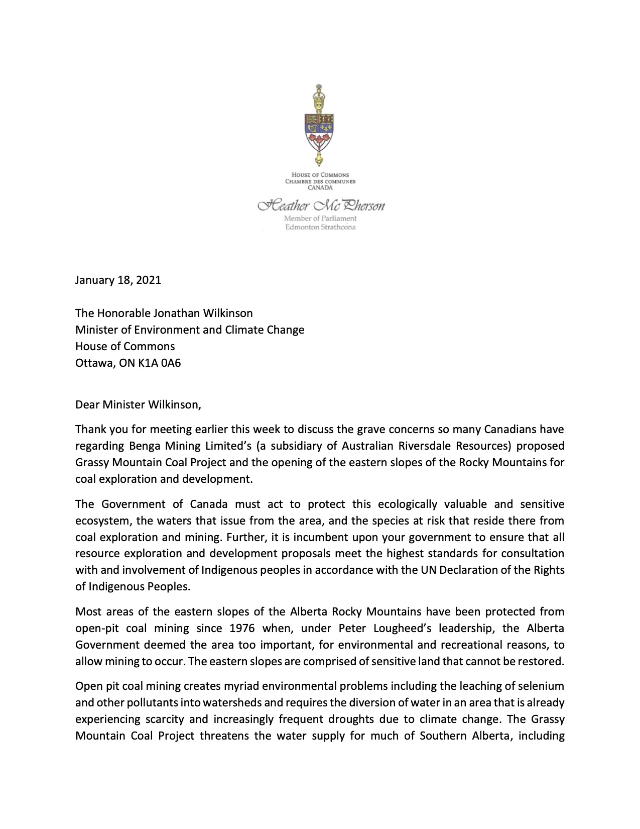 Letter to Minister Wilkinson, Page 1